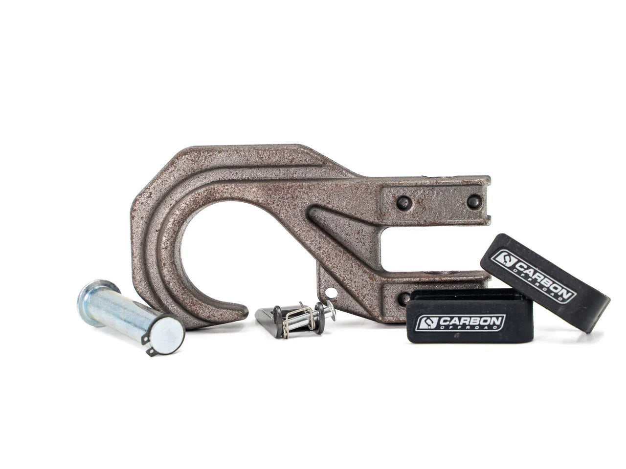 Metal clamping device with bolts and a carbon brand label on a white background