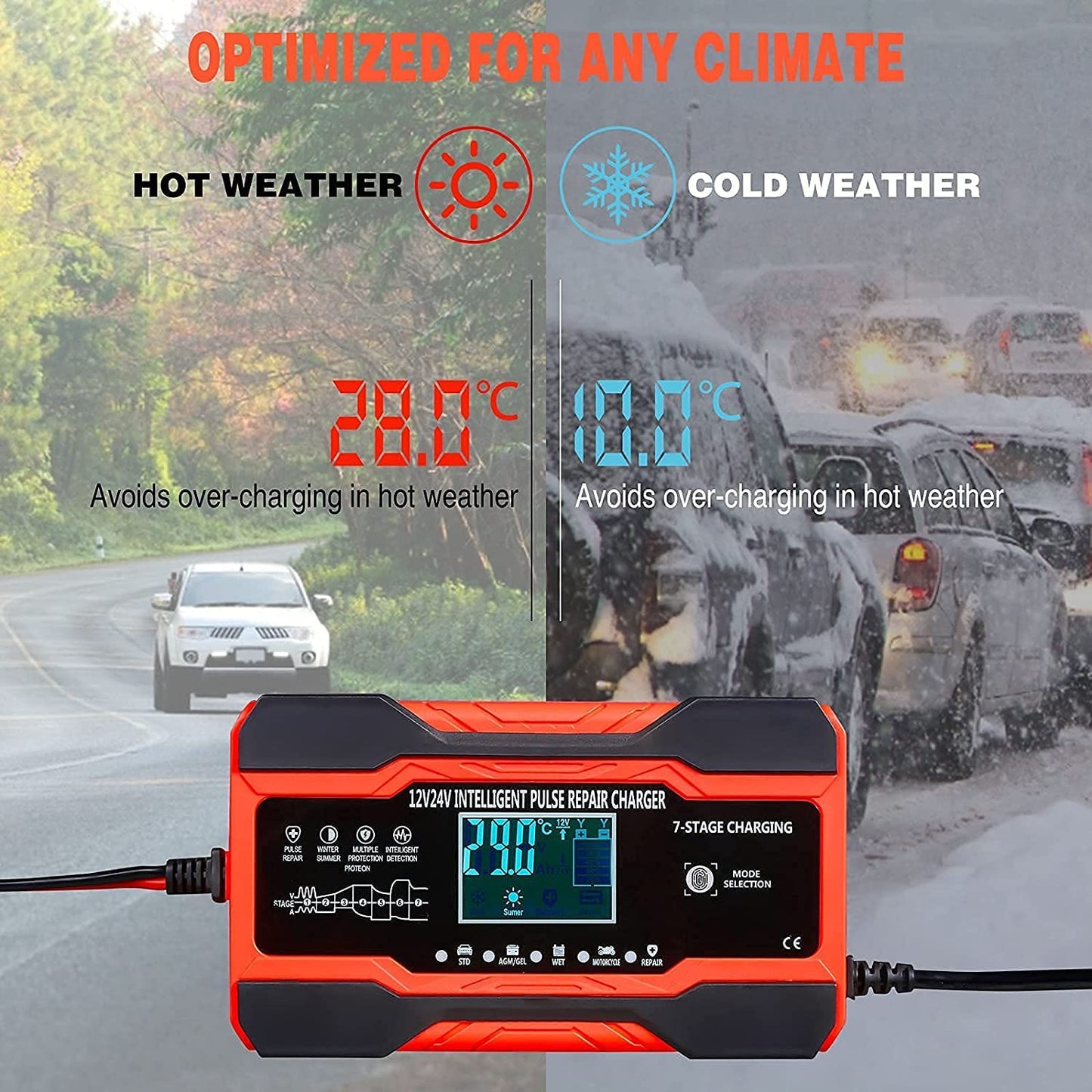 10-Amp Battery Charger Automotive, 24V and 12V Car Battery Charger, Battery Maintainer with Temperature Compensation for Car, Lawn Mower, Motorcycle, Boat, SUV and More