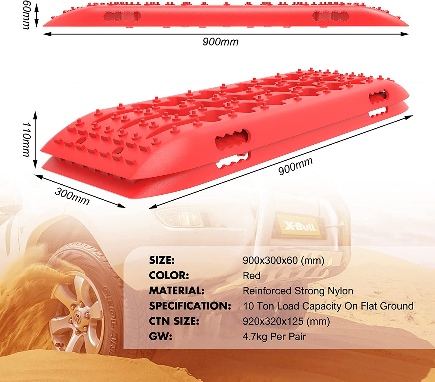 X-BULL Recovery Tracks 4X4 Recovery Boards Offroad 4Wd Tracks 22046LBS/10000KG Stand for Automotive Accessories Tires and Wheels in the Sand Mud Snow(Gen 2.0 Red)