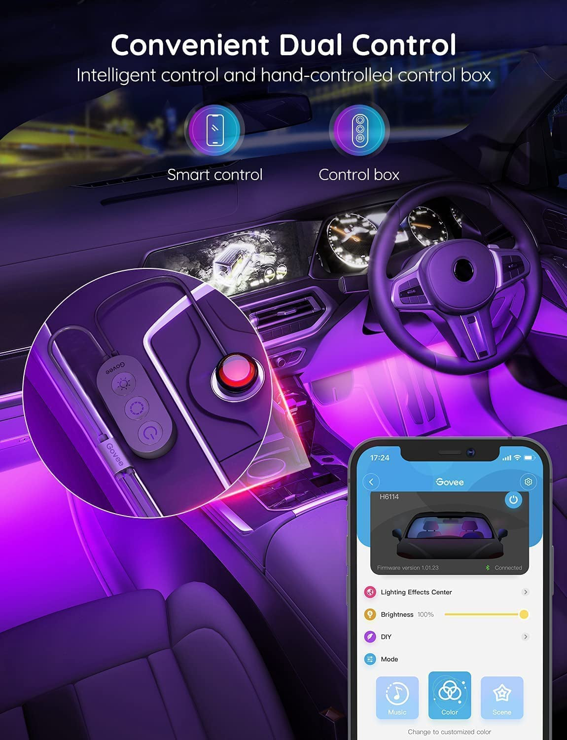 LED Car Lights with App Control, Smart Interior Car Lights with DIY Mode and Music Mode, RGB Car Lights with 2 Lines Design, under Dash Interior Lights for Car with Car Charger, DC 12V