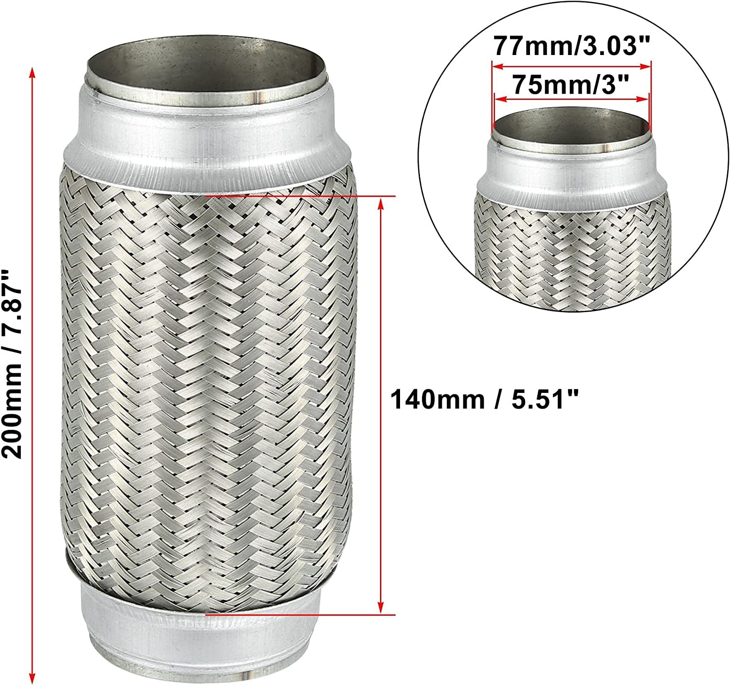 3"X5.51"X7.87" Car Exhaust Flexible Pipe Tubing Universal Exhaust Joint Stainless Steel Silver Tone