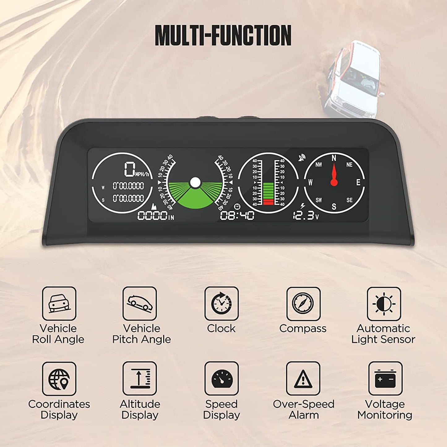 Car Inclinometer Level Tilt Gauge, Car HUD GPS Speedometer